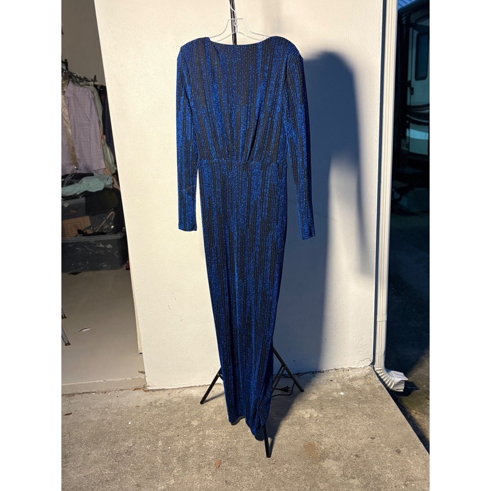SHEIN Blue Black Metallic Glitter Striped Long Sleeve V-Neck Maxi Dress Large - Picture 3 of 4